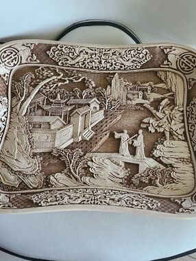 Ornate Brown and Cream Asian Relief Platter Sculpture- Vintage